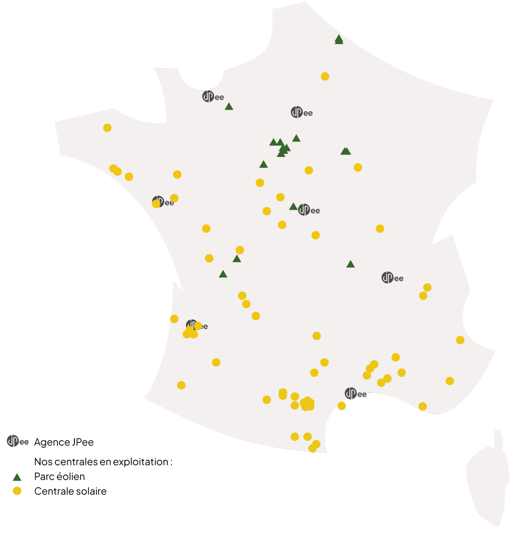 Implantation des agences JPee, centrales et parcs éoliens en France - producteur français d'énergie renouvelable